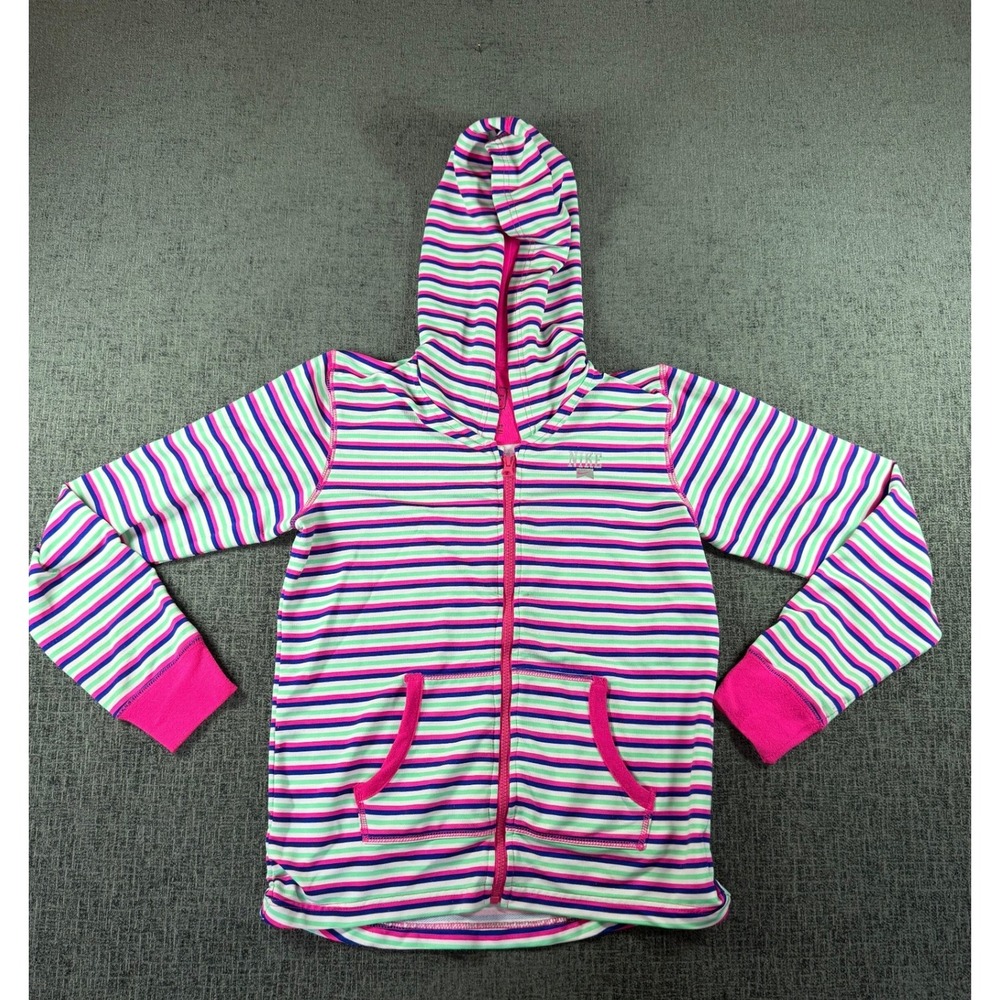 Nike Girls XL Full Zip Hoodie Pink Purple Green Striped Long Sleeve Sweatshirt